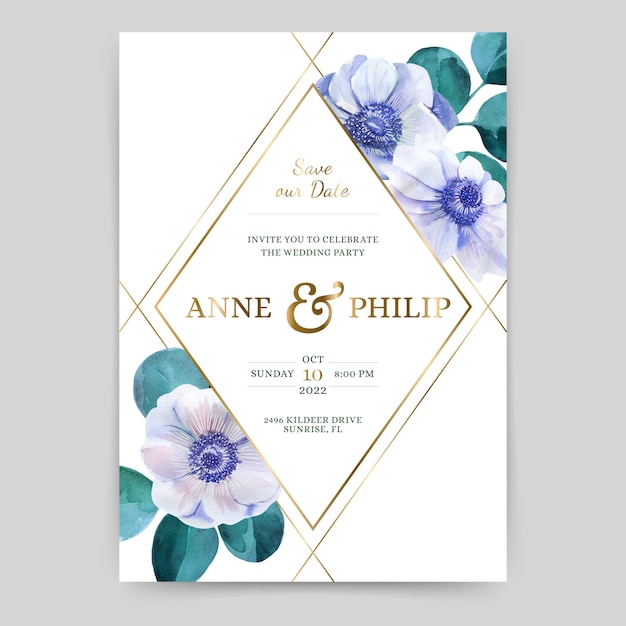 Wedding invitation with anemones