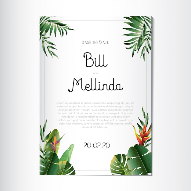 Wedding Invitation with beautiful Floral and tropical leaves