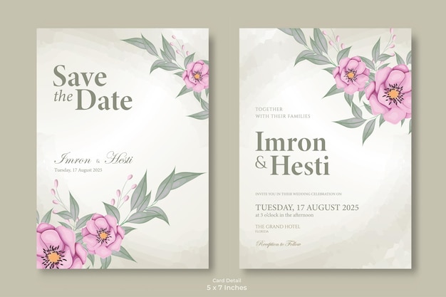 wedding invitation with beautiful purple flower template premium vector