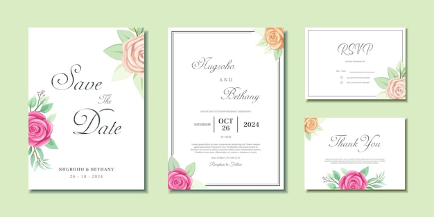 Wedding invitation with beautiful wreath of pink rose and leaves