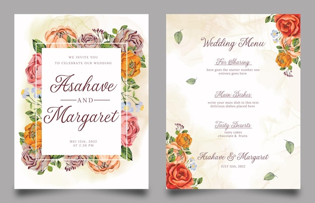 Wedding invitation with blossom watercolor flower decoration and alcohol ink background