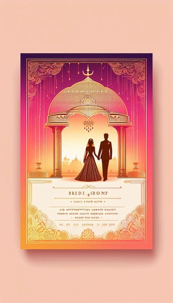 Vector a wedding invitation with a bride and groom on the top