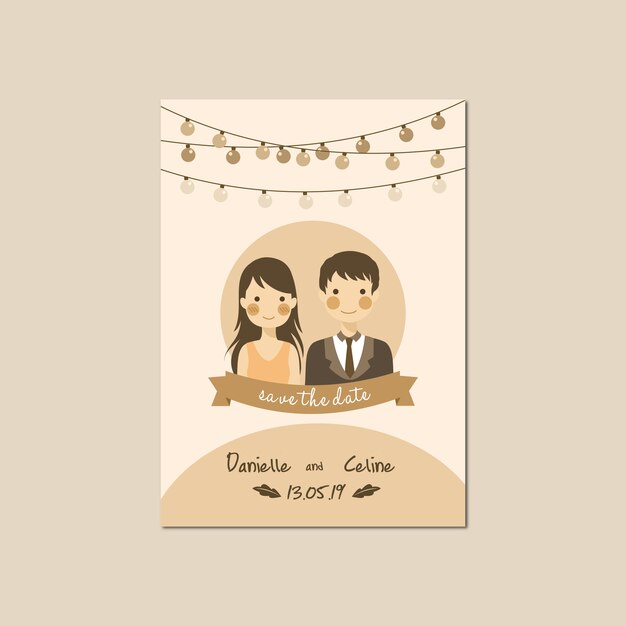 Vector wedding invitation with cute portrait couple