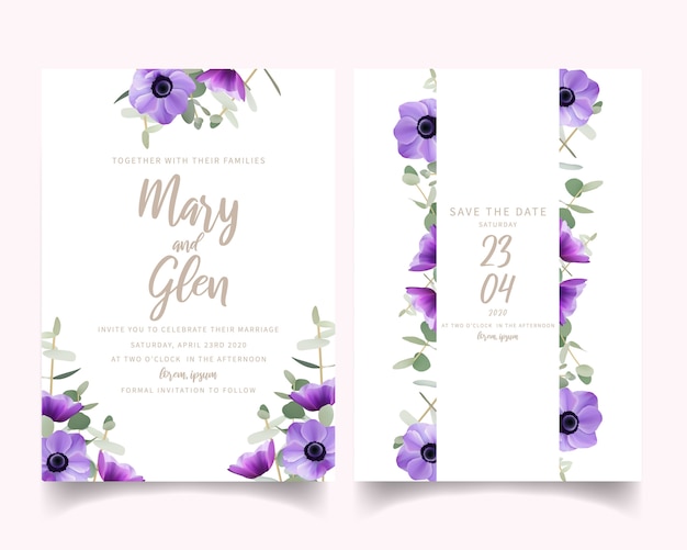 Wedding invitation with floral anemone flowers