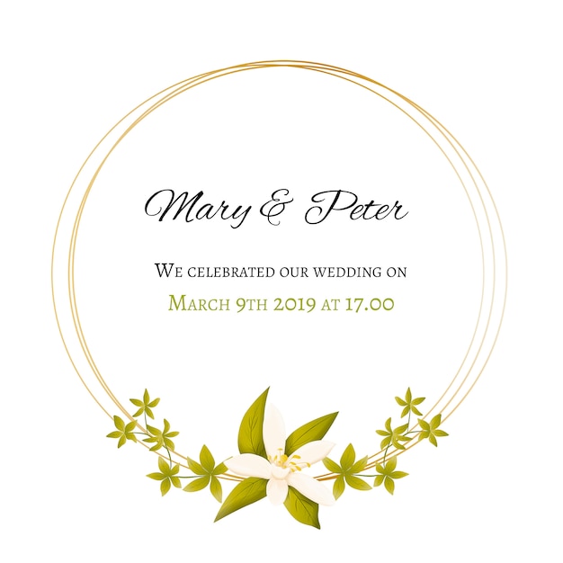 Wedding invitation with floral and golden frame