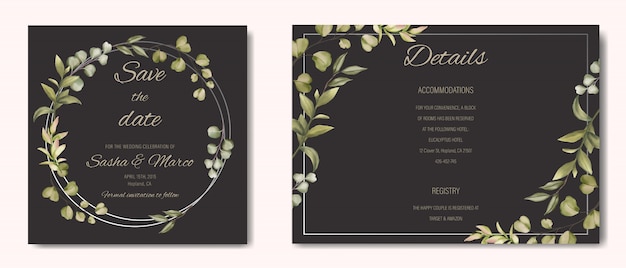 Wedding invitation with floral ornament and silver frame