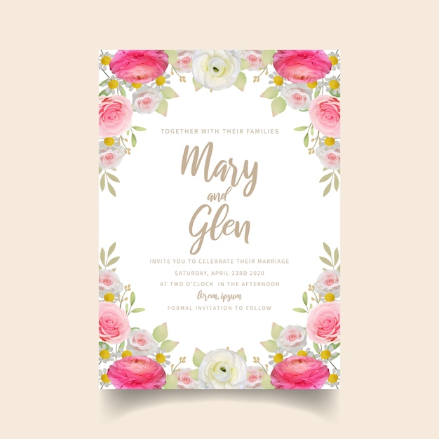 Wedding invitation with floral pink ranunculus and rose flowers