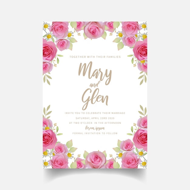 Wedding invitation with floral pink rose flowers