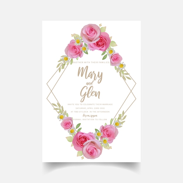 Wedding invitation with floral pink rose flowers