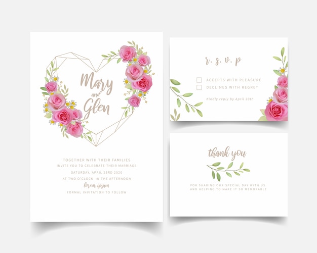 Wedding invitation with floral pink rose flowers