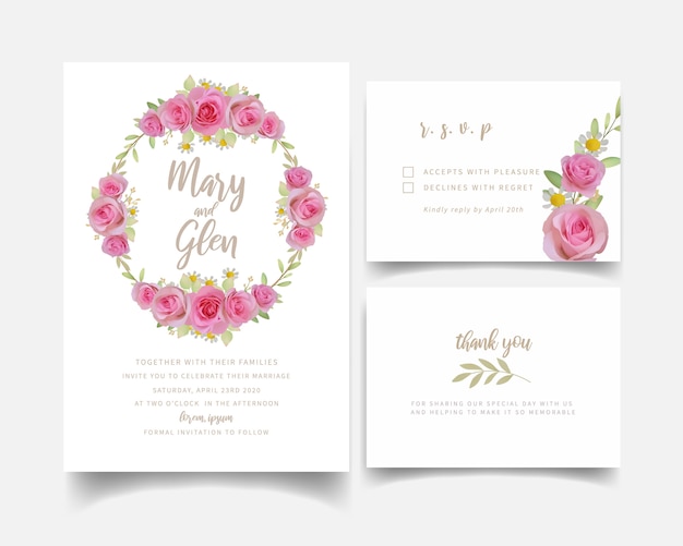 Wedding invitation with floral pink rose flowers