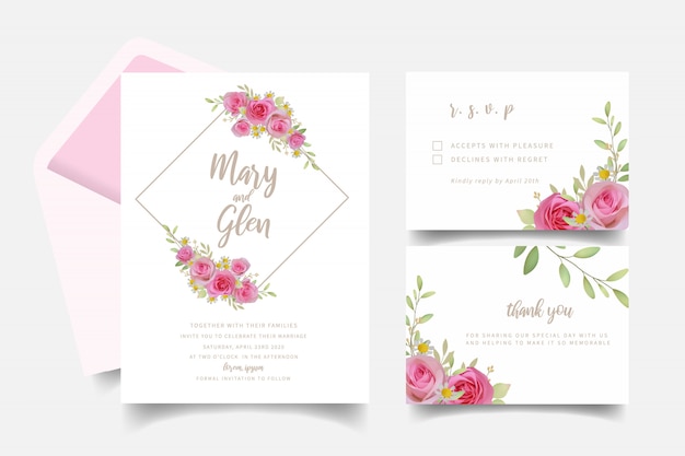 Wedding invitation with floral pink rose flowers