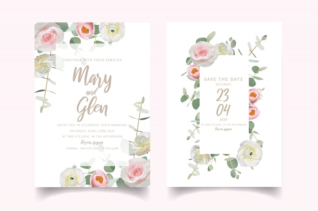 Wedding invitation with floral ranunculus and rose flowers