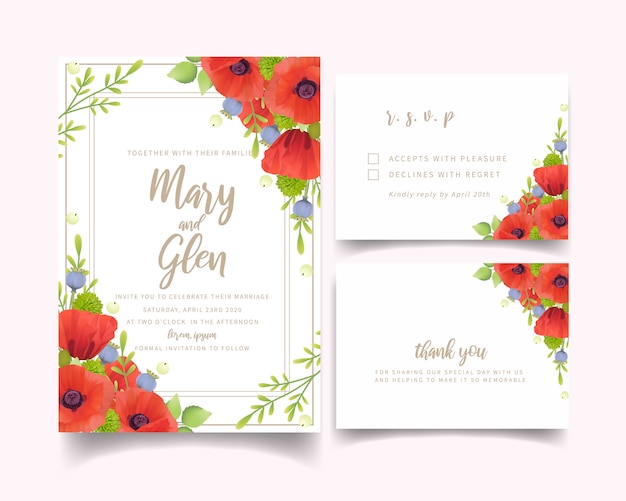 Wedding invitation with floral red poppy flowers