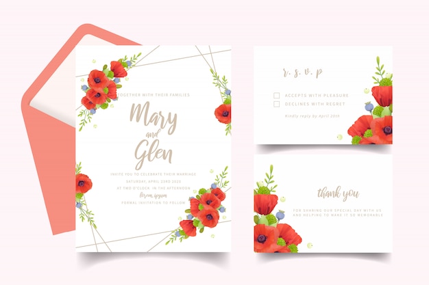 Wedding invitation with floral red poppy flowers