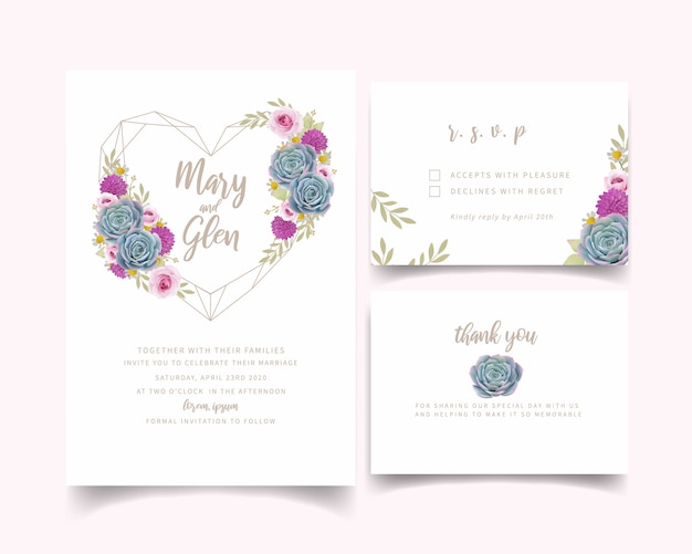 Wedding invitation with floral roses and succulent