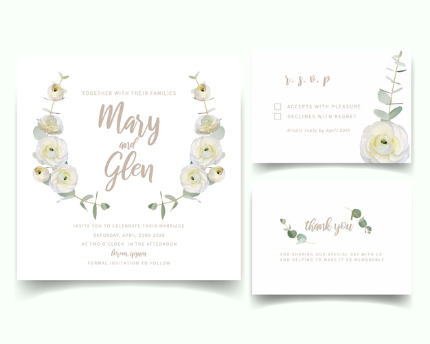 Wedding invitation with floral white ranunculus flowers