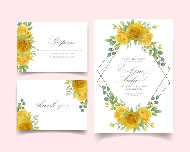 wedding invitation with floral yellow rose