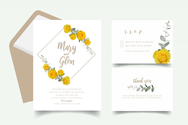 Wedding invitation with floral yellow roses