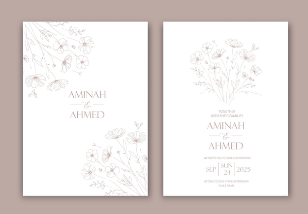 Vector wedding invitation with flowers in line design