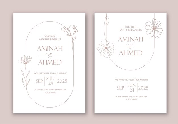 Vector wedding invitation with flowers in line design