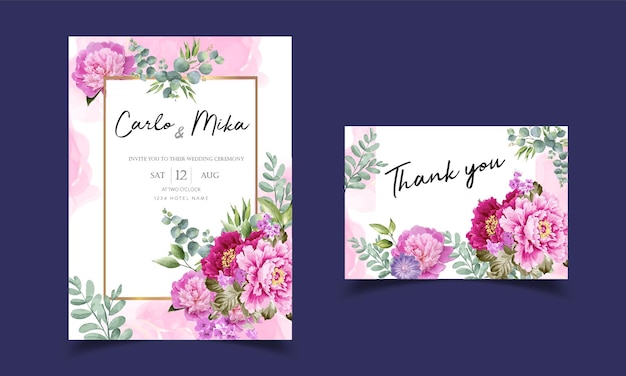 A wedding invitation with flowers on a purple background.