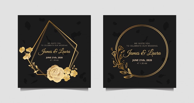 Wedding invitation with gold rose, botanical, circle and hexagonal frame