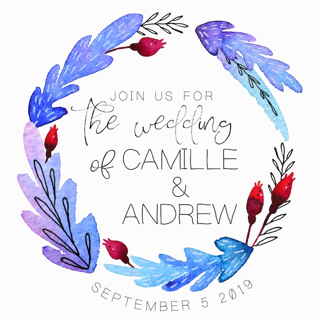 Wedding invitation with handdrawn watercolor wreath