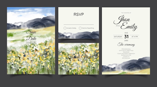 Wedding invitation with mountain view watercolor background