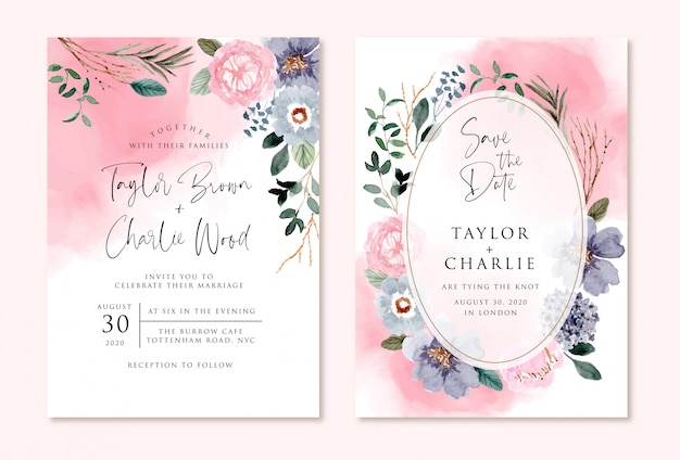 wedding invitation with pink blue floral watercolor