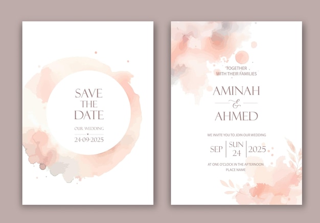 Wedding Invitation with pink watercolor spots blurs and paint drips