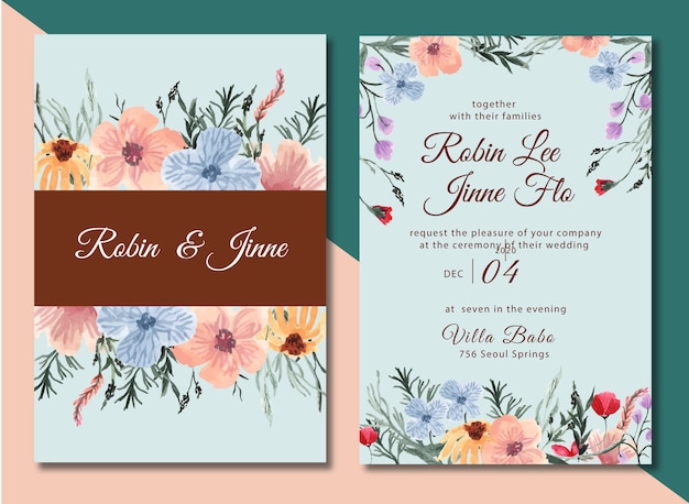 wedding invitation with pretty flower watercolor