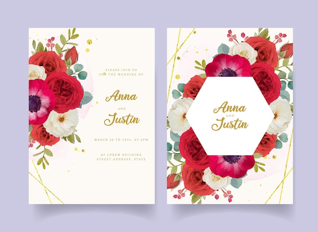 Wedding invitation with red watercolor flowers