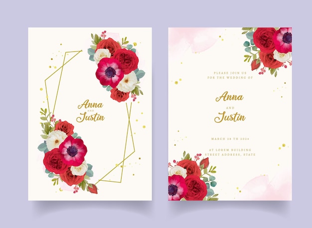 Wedding invitation with red watercolor flowers