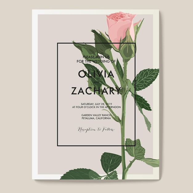 A wedding invitation with a rose and a frame that says ohana.