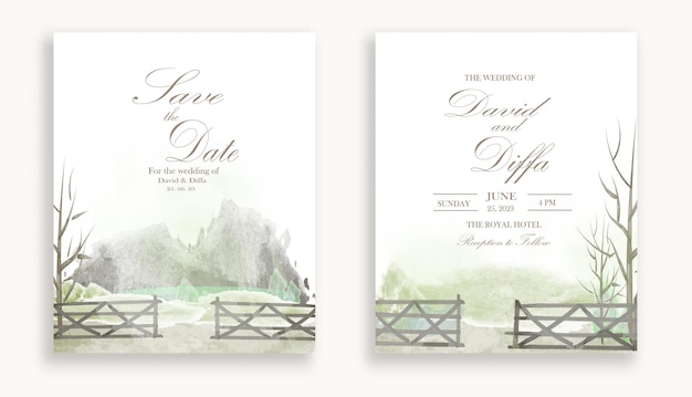 Vector wedding invitation with scenery theme and watercolor elements