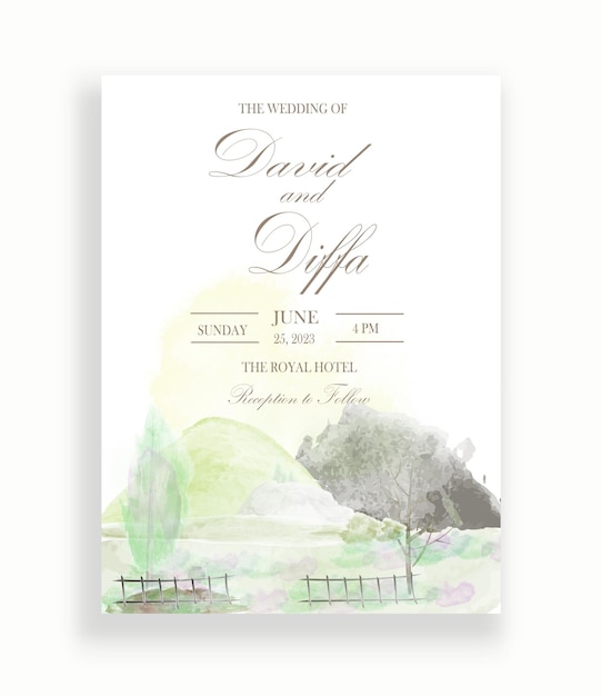 Vector wedding invitation with scenery theme and watercolor elements