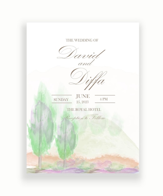 Vector wedding invitation with scenery theme and watercolor elements