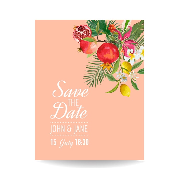 Wedding Invitation with Tropical Fruits and Palm Leaves