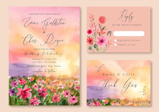 Wedding Invitation with Watercolor Landscape of Pink Sunset