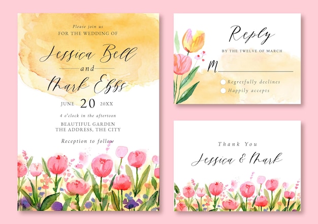 Vector wedding invitation with watercolor landscape of pink tulip