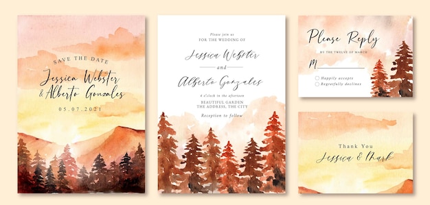 Wedding Invitation with Watercolor Landscape of Romantic Sunset and Pine Tree