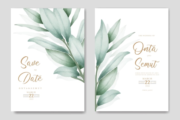 Vector wedding invitation with a watercolor leaf and gold text