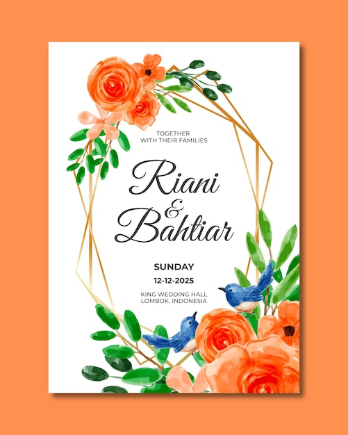 Wedding invitation with watercolor orange flowers