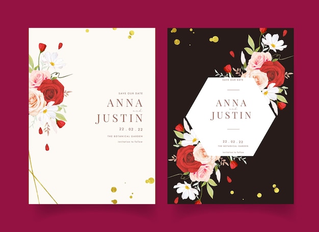 Wedding invitation with watercolor pink and red roses