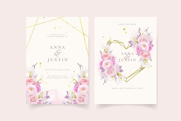 Wedding invitation with watercolor pink rose  lily  and ranunculus flower