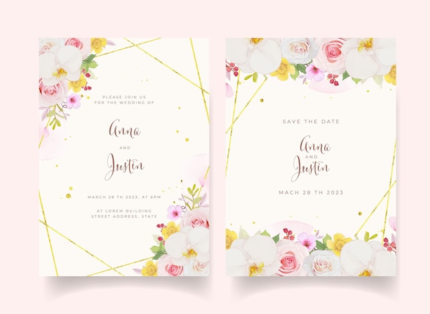 Wedding invitation with watercolor pink rose and orchid