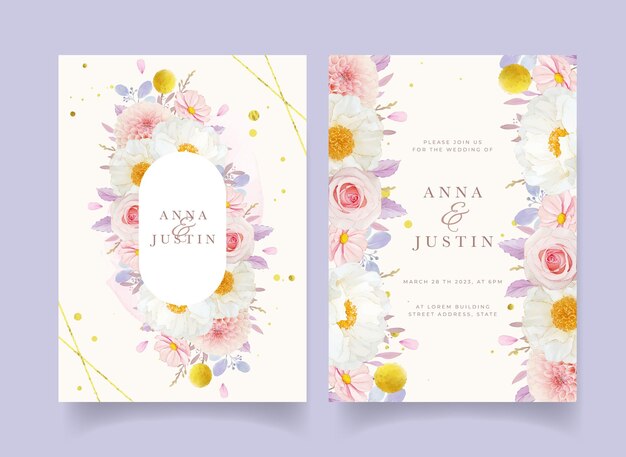 Wedding invitation with watercolor pink roses  dahlia and peony flower