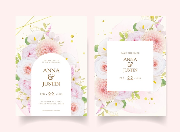 Wedding invitation with watercolor pink roses and dahlia