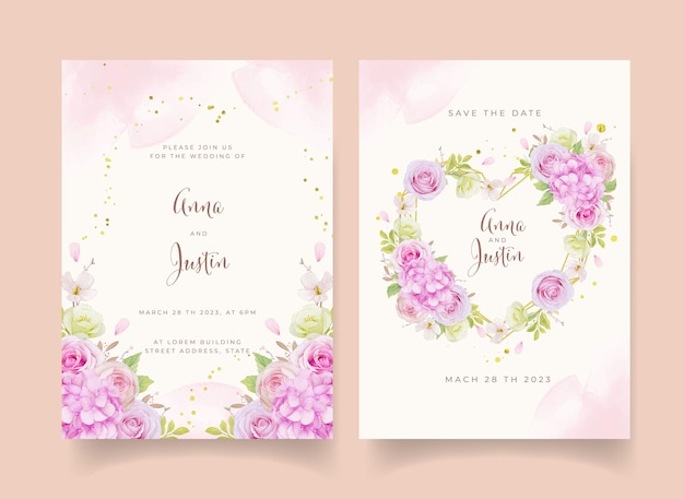 Wedding invitation with watercolor pink roses and hydrangea flower